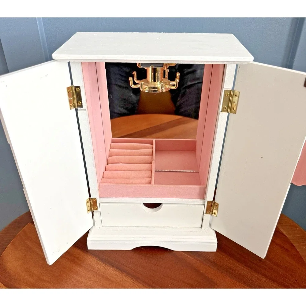White Musical Jewelry Box with Pink Velvet Lining Mirror‎ Hooks Wood Velvet